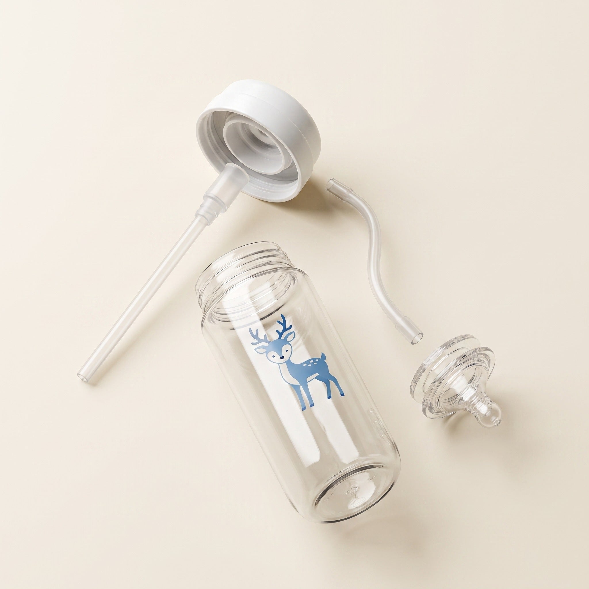 Meloovi hands-free baby feeding bottle components including bottle, cap, internal straw, feeding tube, and clear nipple
