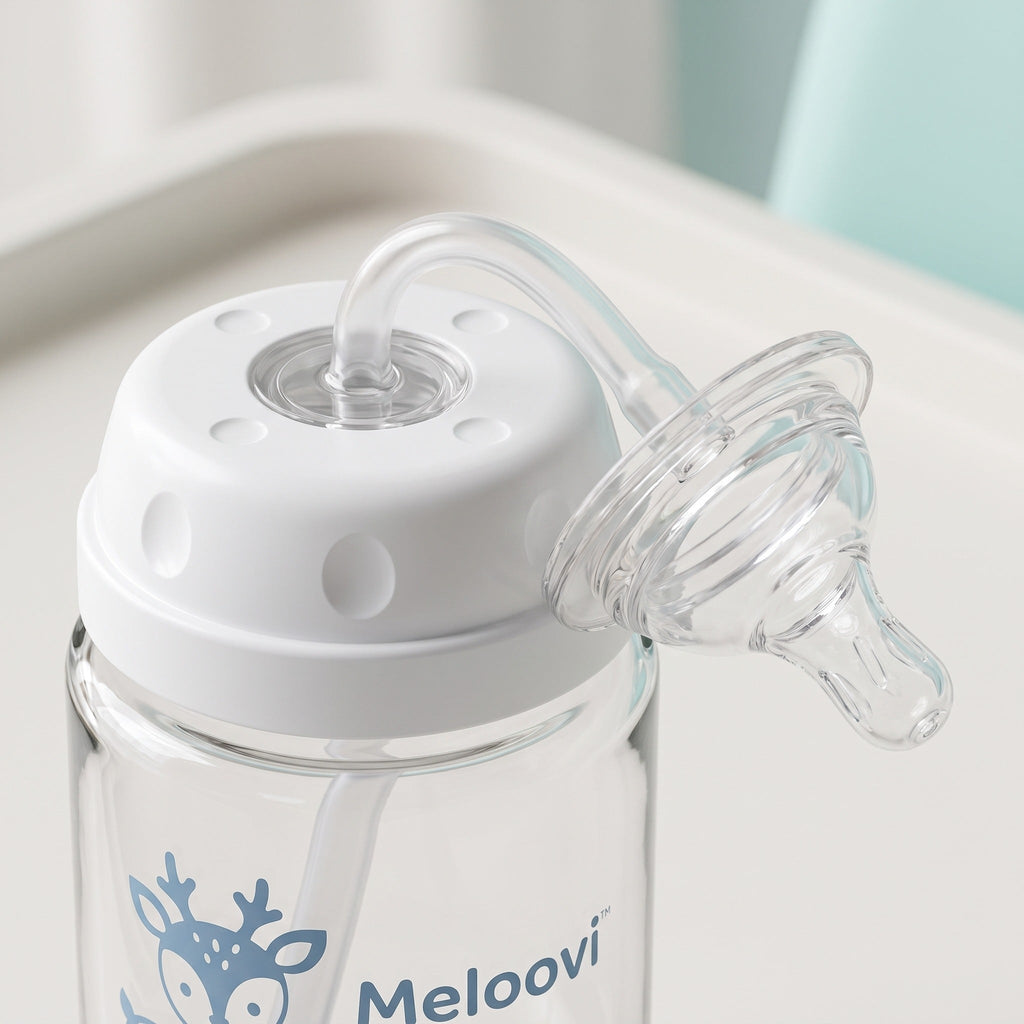 Close-up of the Meloovi bottle cap, feeding tube connection, and clear silicone nipple