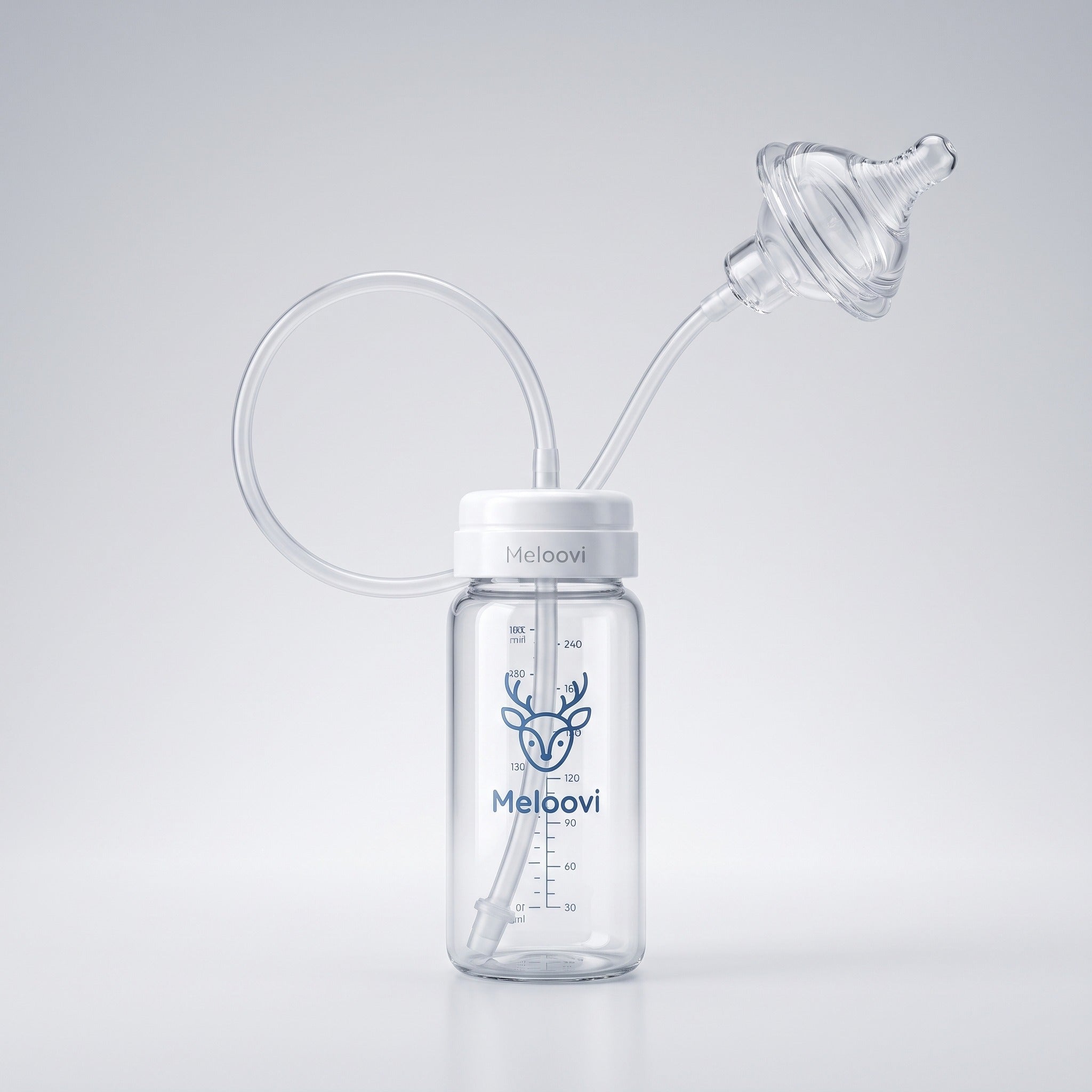 Meloovi hands-free baby feeding bottle with feeding tube and clear silicone nipple