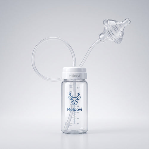 Meloovi hands-free baby feeding bottle with feeding tube and clear silicone nipple