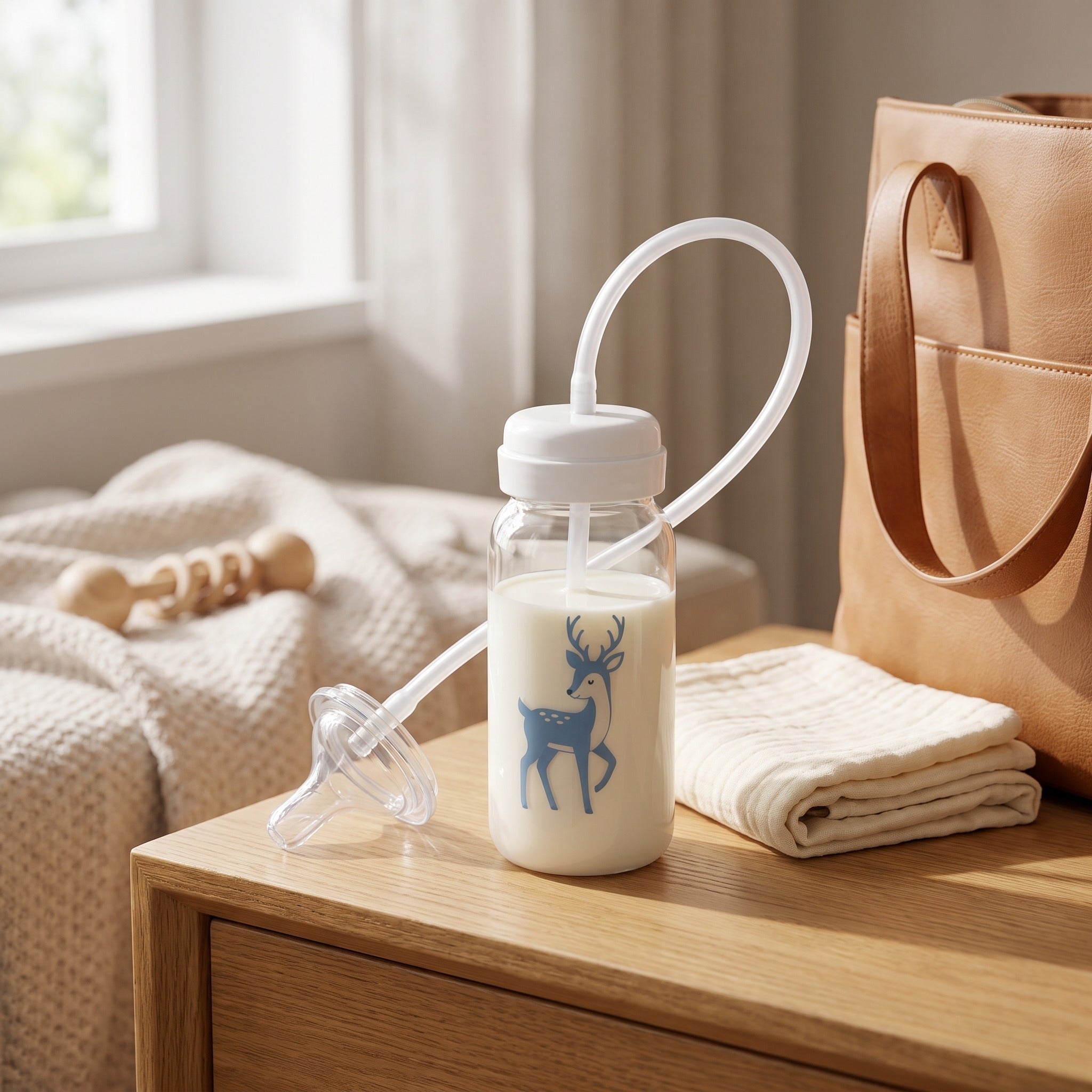 Meloovi hands-free baby feeding bottle in a warm nursery lifestyle setting